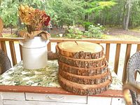 Stack of five bark-edged wood rounds on table