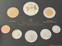 Front view of display case showing all eight coins and legends