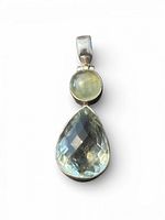 Front view showing aquamarine pear stone, prehnite cabochon, sterling bezel and bail