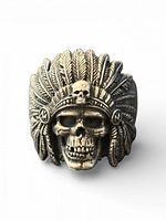 Front view of sterling silver skull ring with feathered headdress and small skull detail