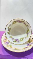 Front view of Paragon Highland Queen teacup sitting in saucer showing thistle pattern and gold trim