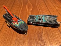 Batboat, Batman & Robin figures, Batmobile front view