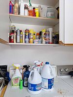 Cabinet shelf and washer top showing multiple aerosol cans, spray bottles, bleach jugs