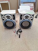 Front view of both Pioneer speakers with accessories