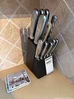 Full view of knife set in block on counter