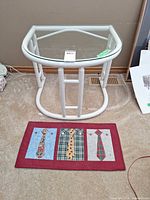 Table and quilted mat on carpet