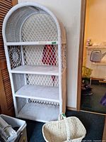 Basket and shelving unit together showing scale and materials