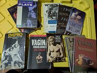 Top view of books spread out showing titles and covers