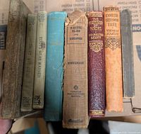 Group of seven classic literature hardcovers standing upright showing spines