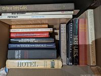 Top view of box showing mix of hardcover and softcover books