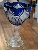 Full view of cobalt blue compote on pedestal base