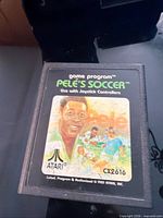 Front view of Atari Pele's Soccer cartridge showing label and model CX2616