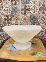 Oblique view of milk glass compote on tray