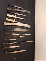 Full layout of fourteen knives showing variety of sizes, handle materials and blade types