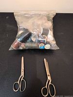 Two metal scissors and sealed bag of sewing notions