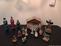 Full lot showing stable, small nativity figures, RB wise men and metal angel