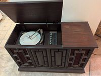 Overall view of Zenith wood stereo console with lid open