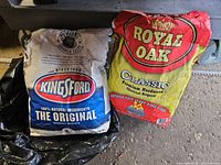 Kingsford and Royal Oak charcoal briquet bags side by side