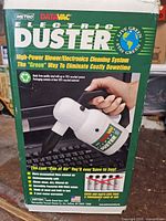 Retail box front showing Metro DataVac Electric Duster 500W white unit