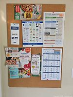 Front view of cork bulletin board with papers attached