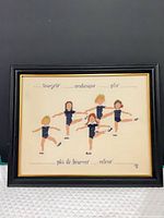 Front view of framed cross-stitch showing ballerinas and stitched terms