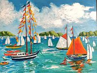 Front view of entire painting showing sailboats, water and sky
