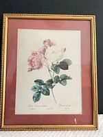 Front view of framed botanical rose print showing image, mat, and frame