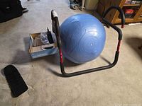 overall lot showing stability ball, ab frame, pump box, one weight