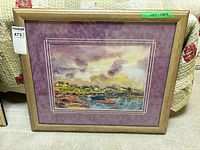 Full view of framed watercolor with mat and frame