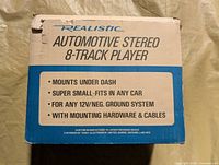 Box end showing Realistic Automotive Stereo 8-Track Player specifications