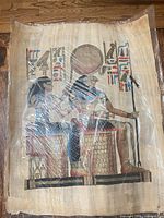 Full view of papyrus painting under plastic wrap
