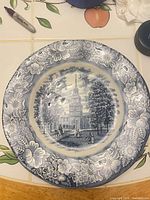 Front of Liberty Blue dinner plate showing Independence Hall scene