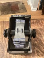 Top view of Rolodex showing cards, dividers, knobs, Rolodex branding