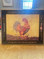 Full view of rectangular tray showing rooster graphic, border design, and cutout handles