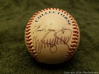 Baseball showing 'COLLECTORS' branding and multiple autographs in black ink