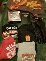 Various Harley Davidson apparel, gloves, backpack, ornaments, booklet and towel laid out on green surface.