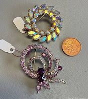 Both brooches with scale coin and tags visible