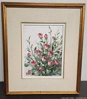 Full view of framed painting showing gold frame, linen mat, portrait orientation