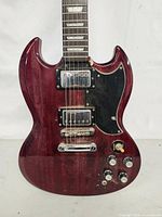 Front close-up of guitar body showing pickups, controls, pickguard