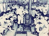 Close view of the photo showing Yankees players and Casey Stengel in locker room