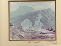 Detail view of print imagery showing ethereal figures and landscape