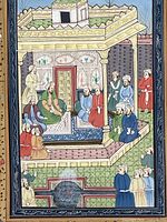 Close view of printed scene showing pavilion, ruler, courtiers, garden