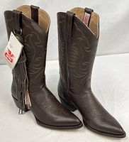 Full view of both boots side by side showing embroidery and overall condition