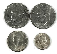 Group image showing all four coins: 1972 and 1776-1976 Eisenhower dollars, 1776-1976 Kennedy half, 1964 quarter