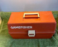 Closed Gamefisher tackle box front view showing logo, latch, handle