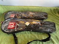 Both racquets in their clear-front Wilson soft cases on green surface