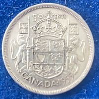 Reverse showing CANADA 1955, 50 CENTS and coat of arms