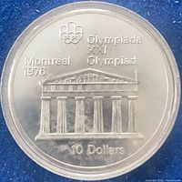 Reverse: Temple of Zeus design with Montréal 1976 inscription and $10 denomination