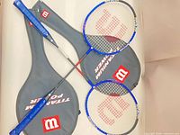 Two Wilson Titanium Power badminton rackets crossed on white surface with covers visible