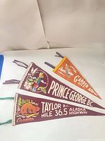 Group of four vintage Canadian felt pennants overlapping to show lettering, graphics, colours and ties